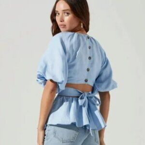 ASTR the Label Vendetti Cutout Puff Sleeve Top in Blue